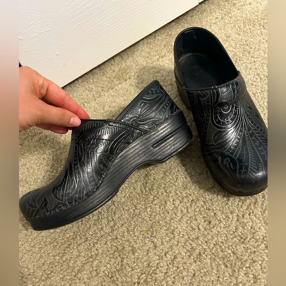 Paisley Embossed Leather Dansko Clogs (38)